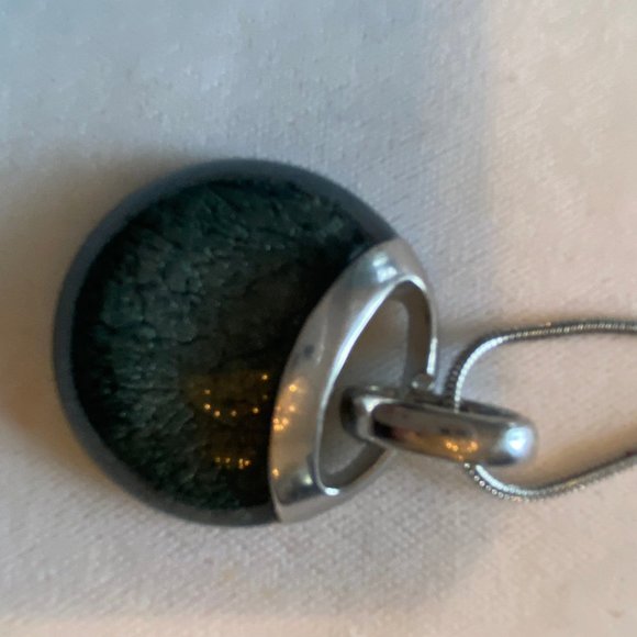 - Grey stone encased in silver pendant;  26" chain - Picture 2 of 4